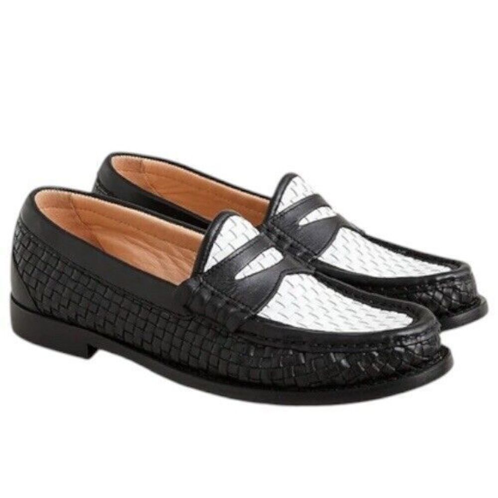 J Crew Shoes 9.5 Black Winona Penny Loafers Woven Italian Leather White Preppy